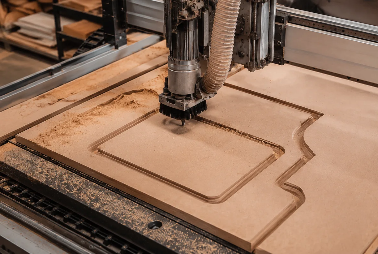 Đầu máy CNC đang cắt biên dạng trên tấm ván